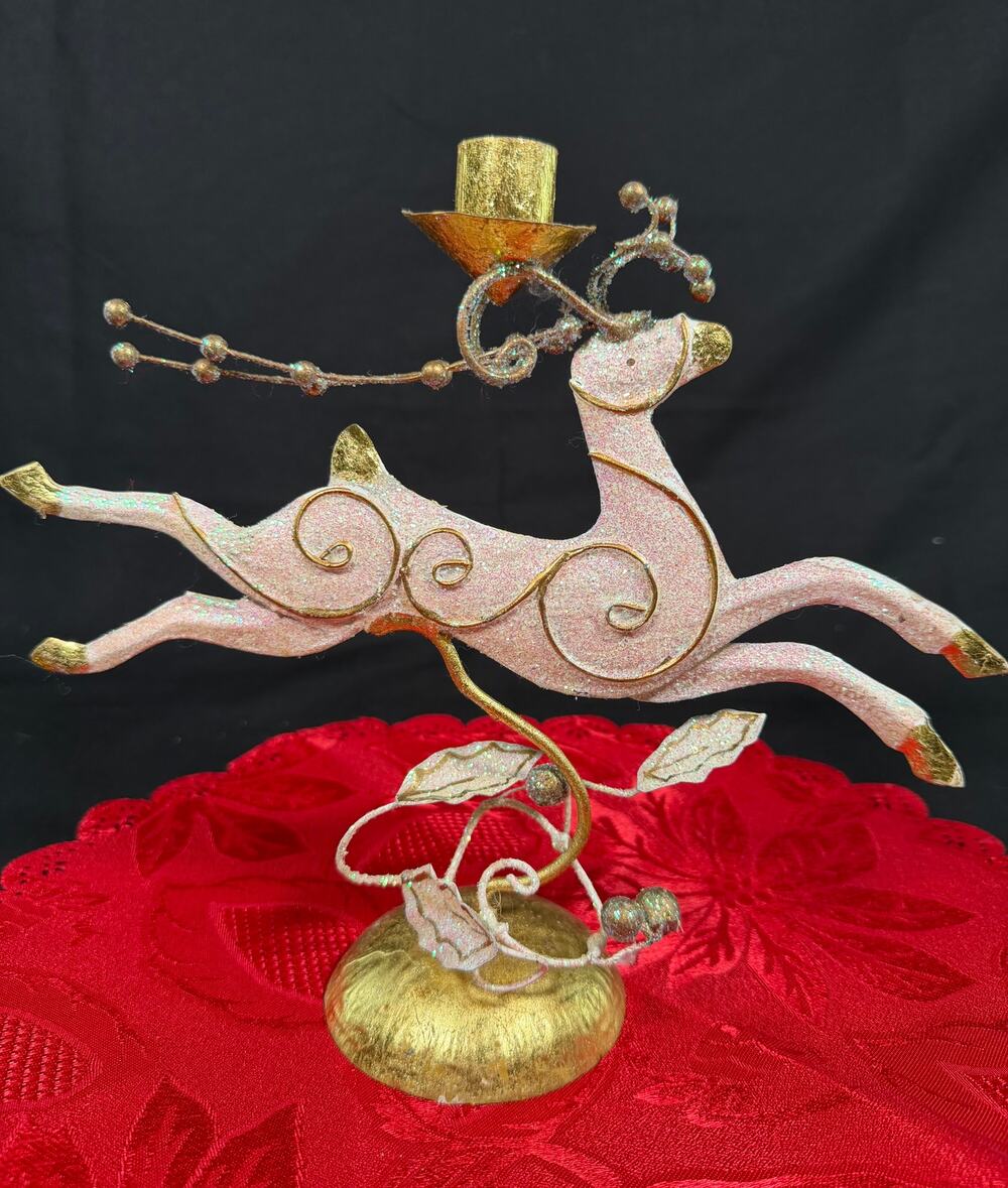 Gold Reindeer Candle Holder‎ Metal Christmas Decor Iridescent Glitter Tabletop